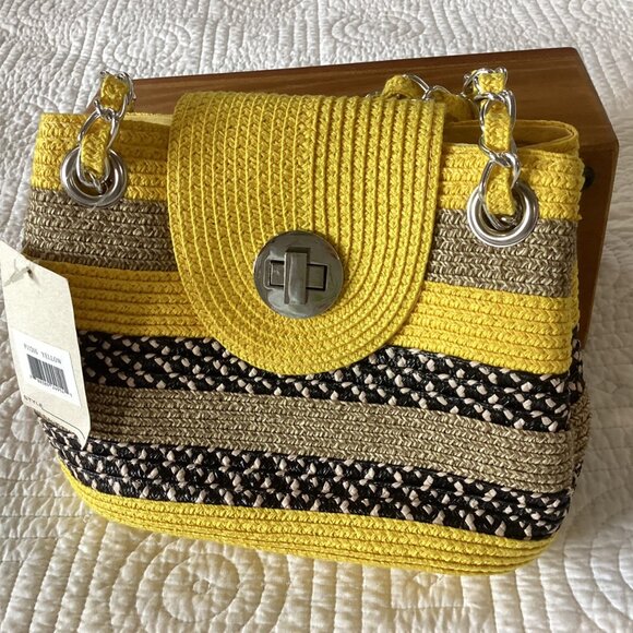 NWT Woven Yellow & Brown Striped Straw Shoulder Bag With Silver Chain Strap & Tu - Picture 5 of 13